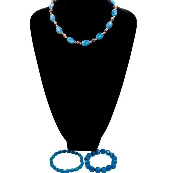 Blue Beaded Necklace & Bracelet Set For Women Opalite & Glass Beads - Picture 1 of 7